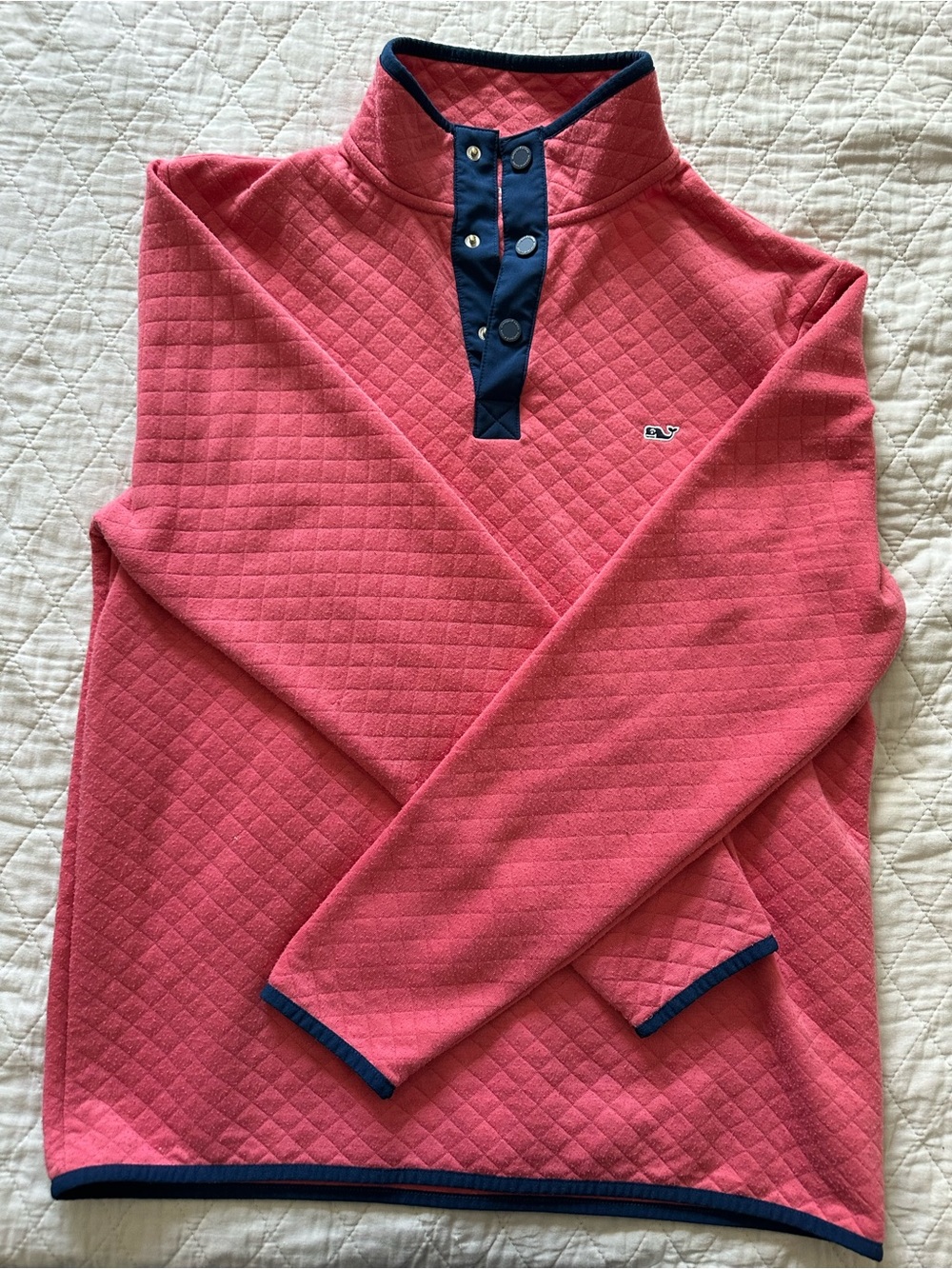 Vineyard Vines Coral Quilted Snap-Placket Pullover with Navy Trim